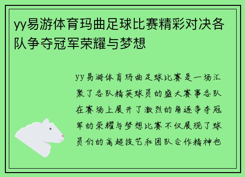 yy易游体育玛曲足球比赛精彩对决各队争夺冠军荣耀与梦想